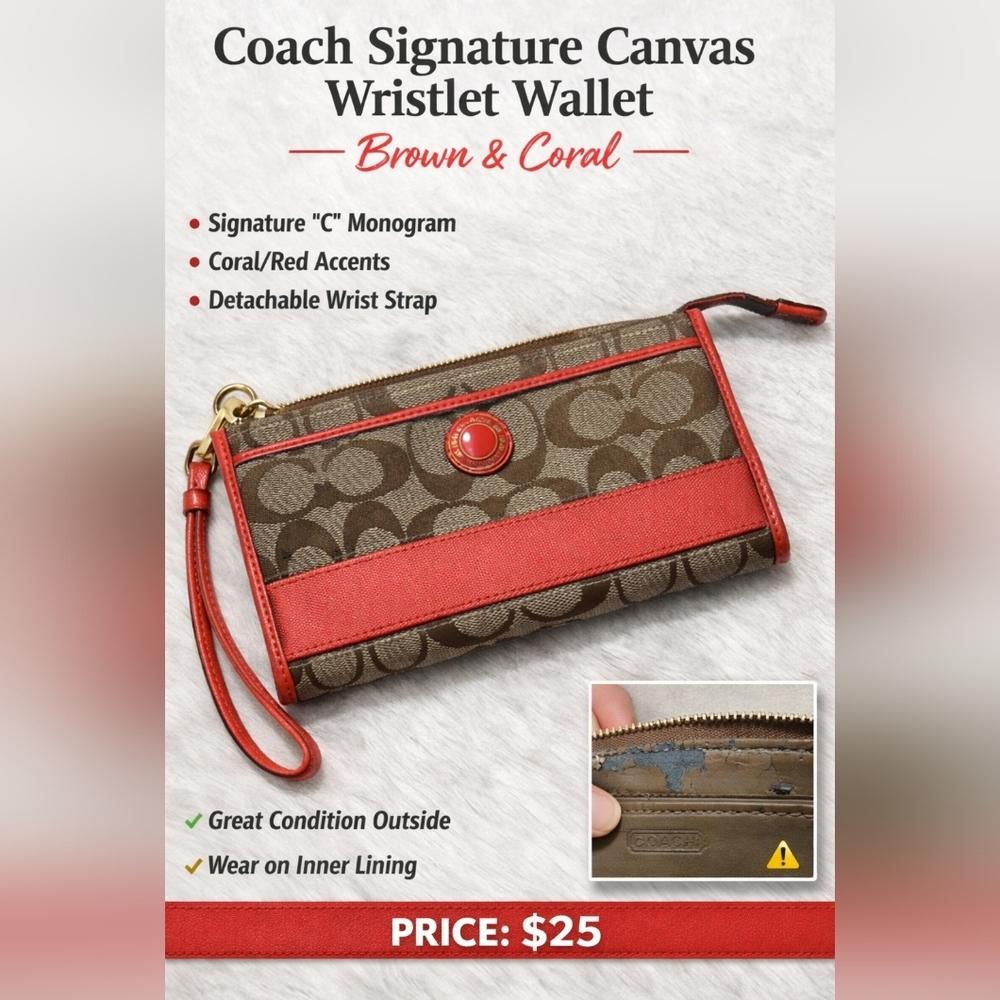 Coach Signature Canvas Wristlet Wallet Brown & Coral